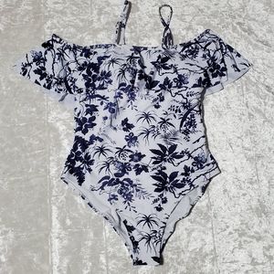 Blue/White Floral Off the Shoulder Swimsuit